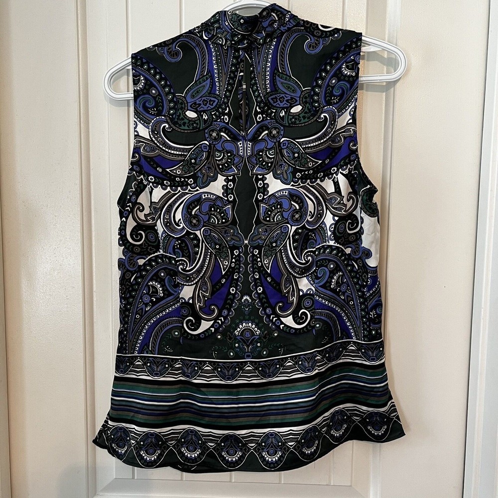 Laundry By Shelli Segal Medium 8 Blue Black Paisley Sleeveless V-neck Blouse - Picture 2 of 10